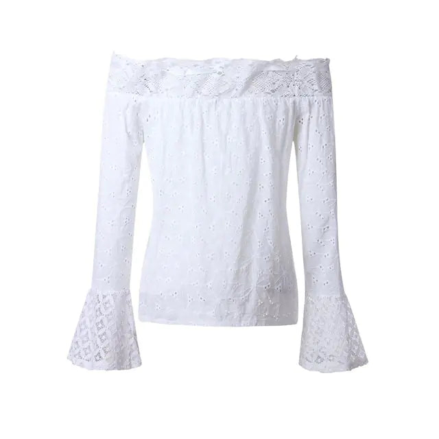 Summer Sexy Women Lace White Blouse Tops Turtleneck Shirt