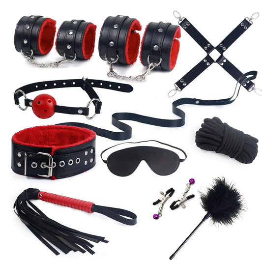 BDSM Bondage Set Erotic Bed Games Adults Handcuffs Nipple Clamps Whip Spanking SM Kits Role Playing Sex Toys for Couple